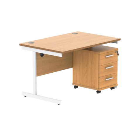 Single upright rectangular desk with Norwegian Beech top and white frame, featuring a 3-drawer mobile pedestal.