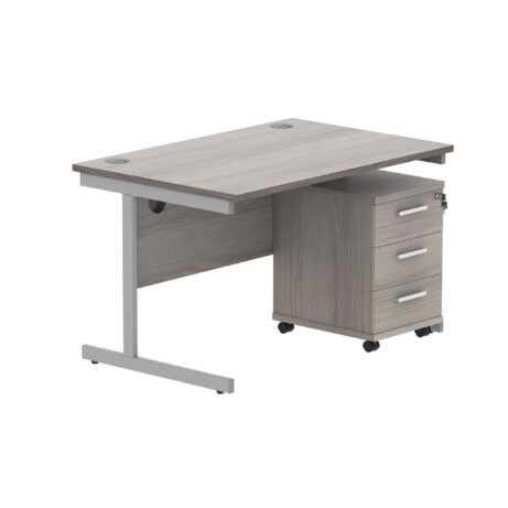 Single upright rectangular desk with Alaskan grey oak top, silver frame, and 3-drawer mobile pedestal. Dimensions 1200x800.