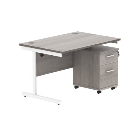 Single upright rectangular desk in Alaskan Grey Oak with a white frame and a two-drawer mobile pedestal. Dimensions: 1200x800.