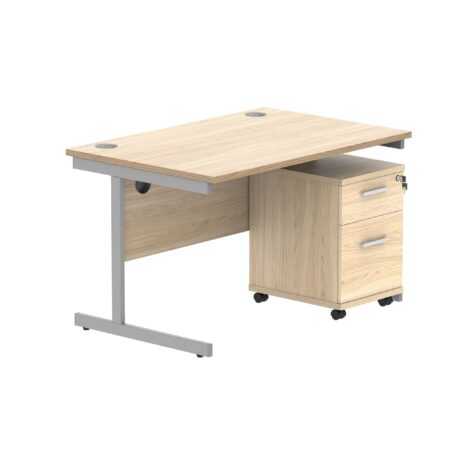 Single upright rectangular desk in Canadian Oak with silver frame, featuring a two-drawer mobile under desk pedestal.