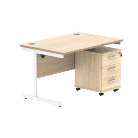 Single upright rectangular desk with Canadian oak top, white frame, and three-drawer mobile pedestal. Dimensions 1200 x 800 mm.