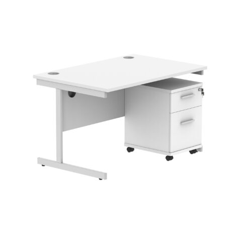 Rectangular desk in Arctic White with silver frame, featuring a mobile 2-drawer pedestal on wheels. Desk dimensions: 1200x800 mm.