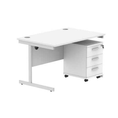 Single upright rectangular desk with Arctic White top, silver frame, and 3-drawer mobile pedestal. Dimensions: 1200 x 800.