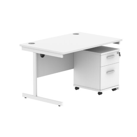 Single upright rectangular desk with arctic white top, white frame, and 2-drawer mobile pedestal. Dimensions: 1200 x 800 mm.