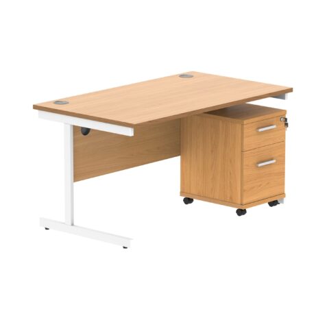 Single upright rectangular desk with Norwegian Beech top and white frame, featuring a 2-drawer mobile pedestal.