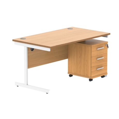 Single upright rectangular desk in Norwegian Beech with a white frame, paired with a mobile three-drawer pedestal.