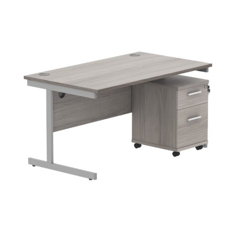 Single upright rectangular desk in Alaskan Grey Oak with silver frame and two-drawer mobile pedestal. Desk dimensions: 1400x800 mm.