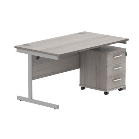 Single upright rectangular desk in Alaskan Grey Oak with silver frame and 3-drawer mobile pedestal. Dimensions: 1400 x 800 mm.