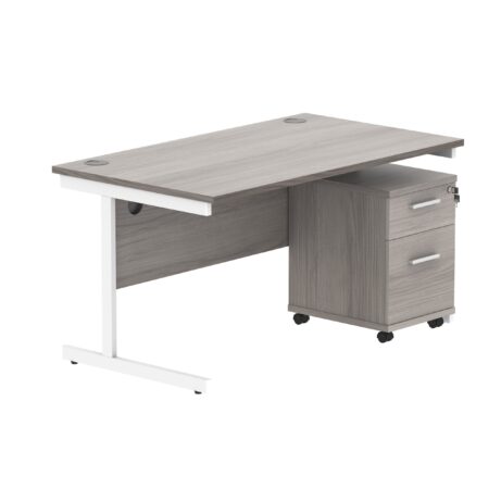 Single upright rectangular desk in Alaskan Grey Oak with a white frame, paired with a 2-drawer mobile pedestal.
