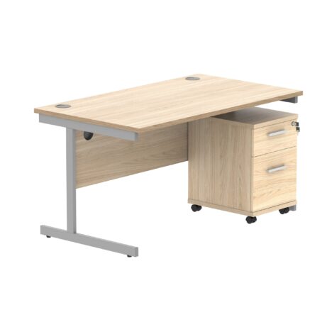 Single upright rectangular desk with Canadian oak top, silver frame, and 2-drawer mobile pedestal. Dimensions: 1400 x 800 mm.