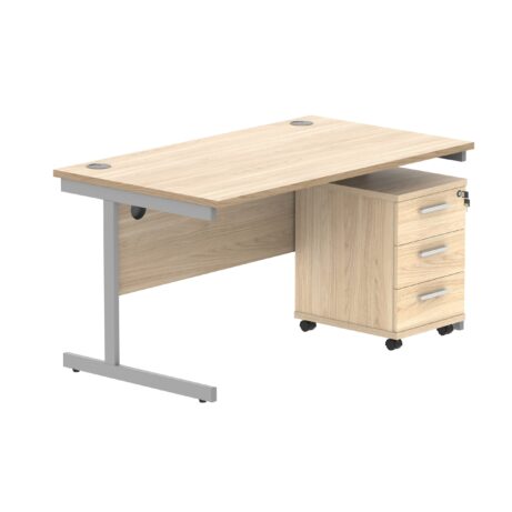 Single upright rectangular desk in Canadian Oak with silver frame and three-drawer mobile pedestal. Dimensions: 1400 x 800 mm.
