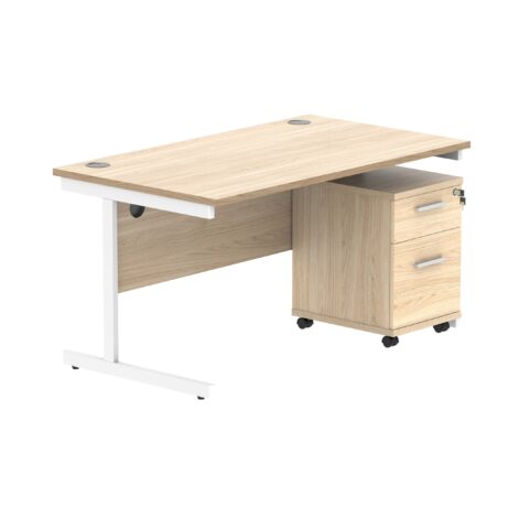Single upright rectangular desk in Canadian Oak with white frame, features a mobile pedestal with two drawers.