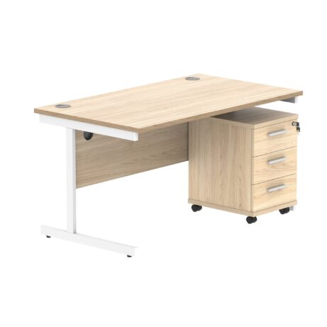 Single upright rectangular desk with Canadian Oak top, white frame, and a three-drawer mobile pedestal.