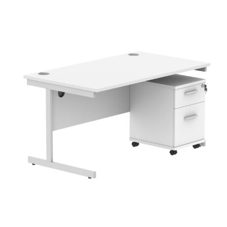 Rectangular desk with Arctic White top, silver frame, and a two-drawer mobile pedestal. Dimensions: 1400 x 800 mm.
