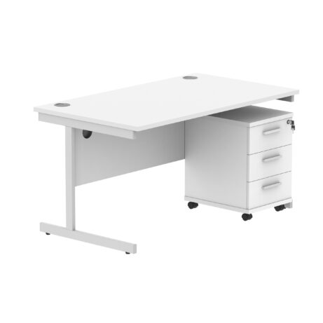 Single upright rectangular desk with Arctic White top and silver frame, paired with a 3-drawer mobile pedestal.