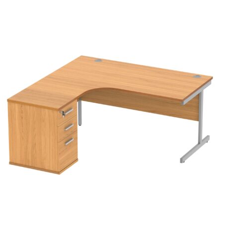 Single upright left hand radial desk in Norwegian Beech with silver legs, 1600 x 1200 mm, and 600 mm desk high pedestal.