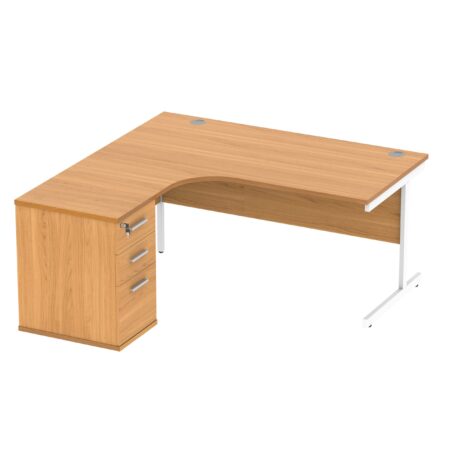 Single upright left hand radial desk with desk high pedestal, Norwegian Beech/White finish, 1600x1200mm, 600mm deep.