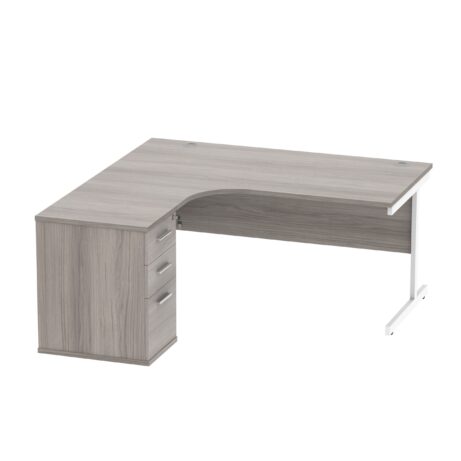 Single upright left hand radial desk with 600mm desk high pedestal, Alaskan grey oak/white, dimensions 1600x1200mm.