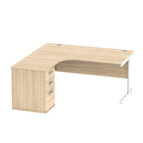 Single upright left-hand radial desk with a 600mm deep pedestal, Canadian oak finish, and white accents, dimensions 1600 x 1200mm.