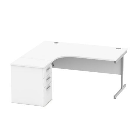 Single upright left-hand radial desk with desk high pedestal in Arctic White and Silver, dimensions 1600x1200mm.