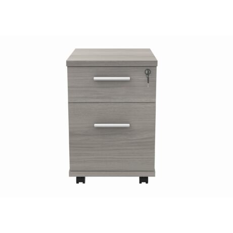 Mobile under desk storage unit in Alaskan Grey Oak, featuring two drawers and secure locking mechanism.
