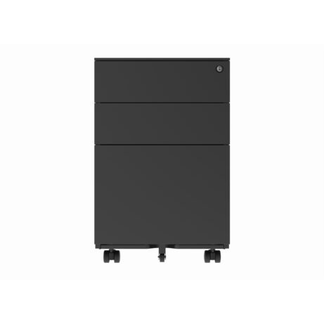 Black steel mobile under desk storage unit with three drawers and wheels for easy movement.