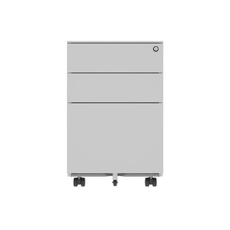 Silver steel mobile under desk storage unit with three drawers and wheels for easy mobility.