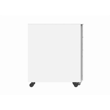 Compact steel mobile under-desk storage unit in white finish with three drawers on castors, perfect for busy desks.
