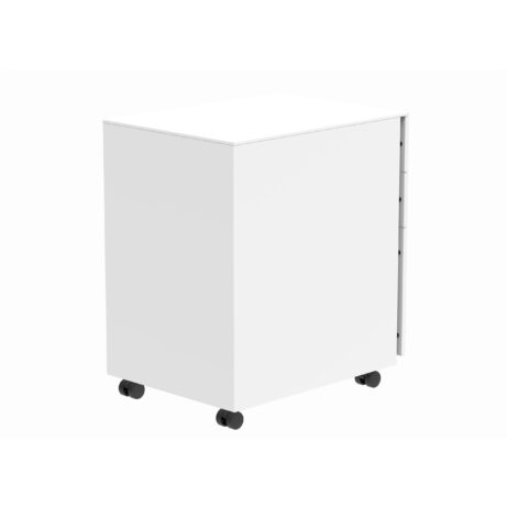 Compact white steel mobile under desk storage unit with three drawers and lockable top drawer, on castors for easy mobility.
