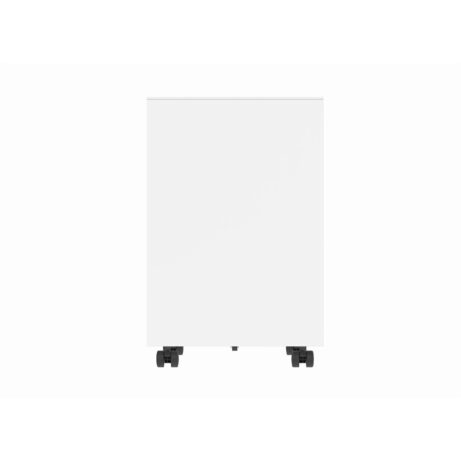 Compact white steel mobile under-desk storage unit on castors with three drawers, including a lockable top drawer.