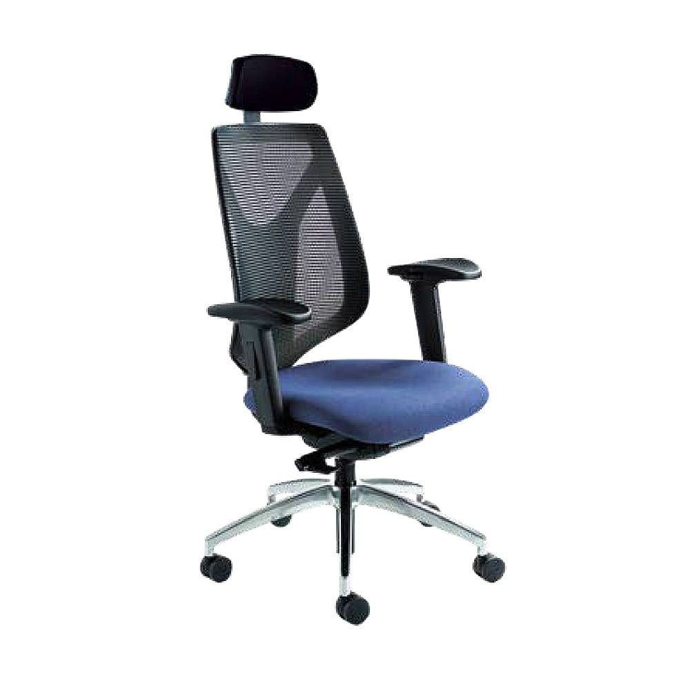 DUCE Executive Mesh Chair with headrest, high mesh back, blue seat, adjustable arms, and silver base on wheels.