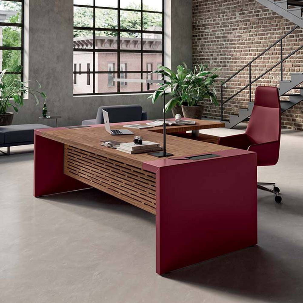 E10 Executive Desk & Return in veneered wood with leather inlays, featuring integrated cable management and a carved modesty panel.