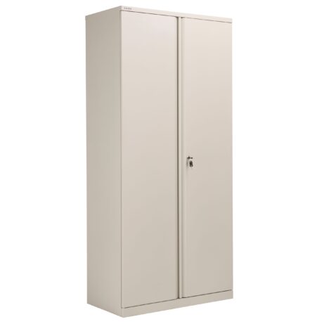 Bisley Essentials Steel Double Door Cupboard, 1985mm high, finished in Goose Grey. Features secure locking mechanism.