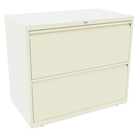 Bisley Essentials Steel 2 Drawer Side Filer in Chalk White with two pull-out drawers and a lock.