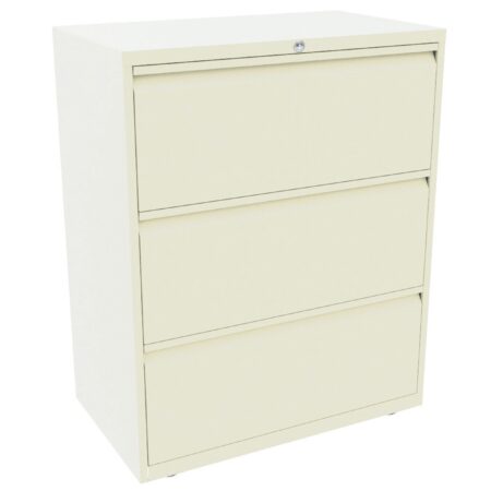 Bisley Essentials Steel 3 Drawer Side Filer in Chalk White finish, featuring a lockable top drawer.