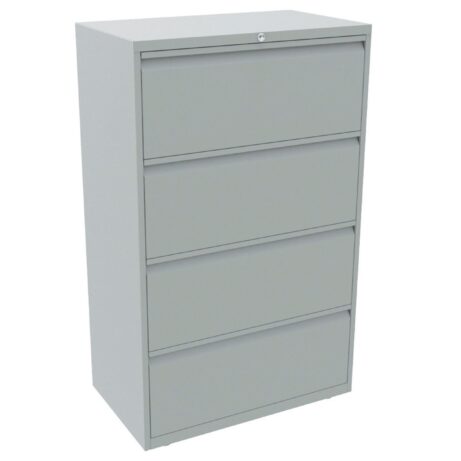 Bisley Essentials Steel 4 Drawer Side Filer in light grey, featuring four spacious drawers and a secure top lock.