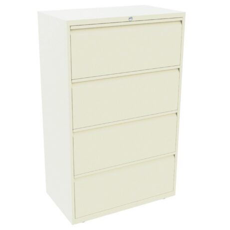 Bisley Essentials Steel 4 Drawer Side Filer in Chalk White, featuring a sleek design and secure top drawer.