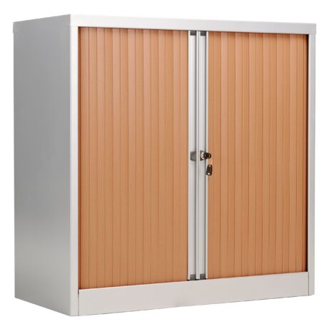 Bisley Essentials Steel Side Open Tambour, 1015mm high, beech carcass, matching orange shutter doors, silver finish.