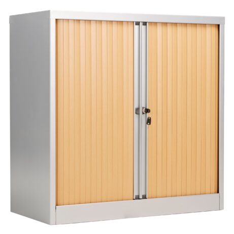 Bisley Essentials Steel Side Open Tambour, 1015mm high with matching shutter doors and silver carcass.