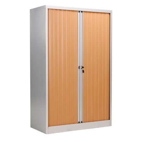Bisley Essentials Steel Side Open Tambour, 1585mm High, matching shutter doors in orange, beech/silver carcass.