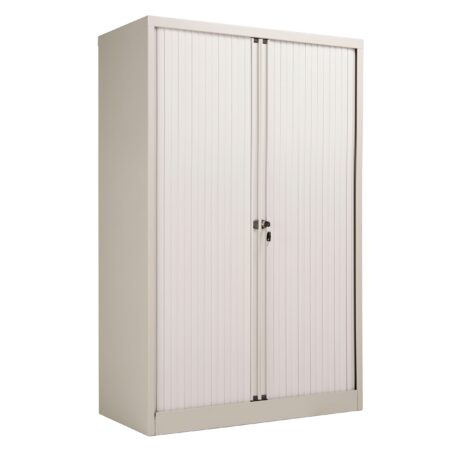 Bisley Essentials Steel Side Open Tambour, 1585mm high, matching shutter doors, carcass in Goose Grey.