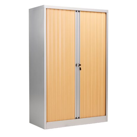 Bisley Essentials Steel Side Open Tambour, 1585mm high, oak/silver carcass, matching shutter doors in yellow.