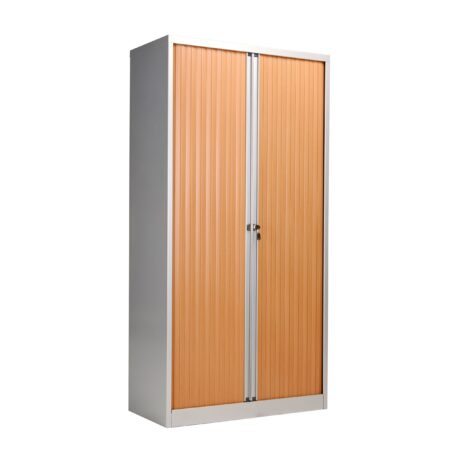 Bisley Essentials Steel Side Open Tambour, 1985mm high, matching orange shutter doors, beech/silver carcass.