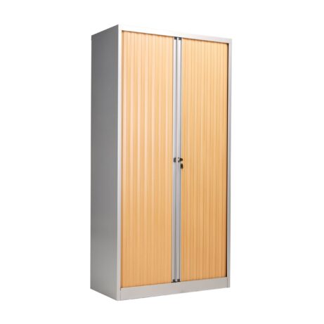 Bisley Essentials Steel Side Open Tambour, 1985mm high, matching shutter doors with oak/silver carcass.