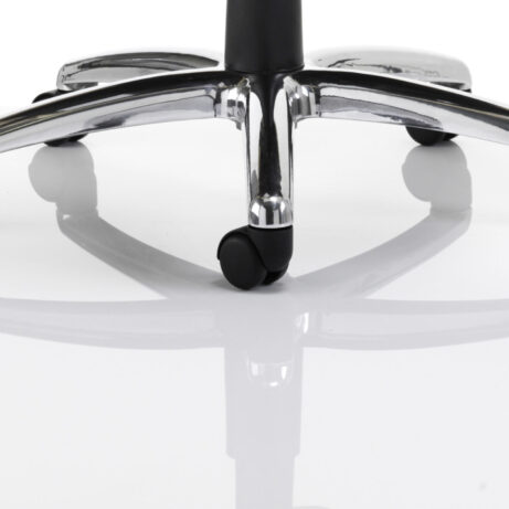 Chrome base of Chelsea High Back Soft Black Leather Executive Office Chair with armrests and casters for mobility.