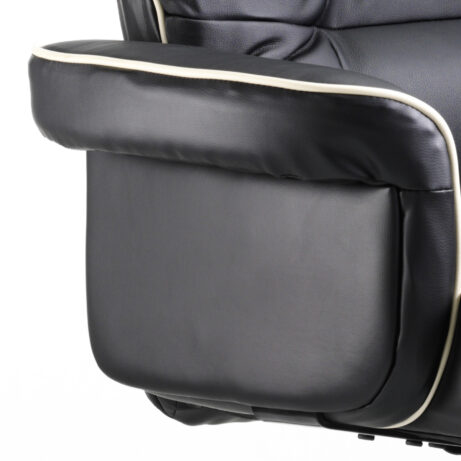 Chelsea High Back Soft Black Leather Executive Office Chair armrest featuring cushioned support and stylish chrome detailing.