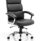 High back black leather executive office chair with arms and chrome base and casters.