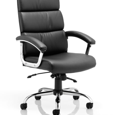 High back black leather executive office chair with arms and chrome base and casters.