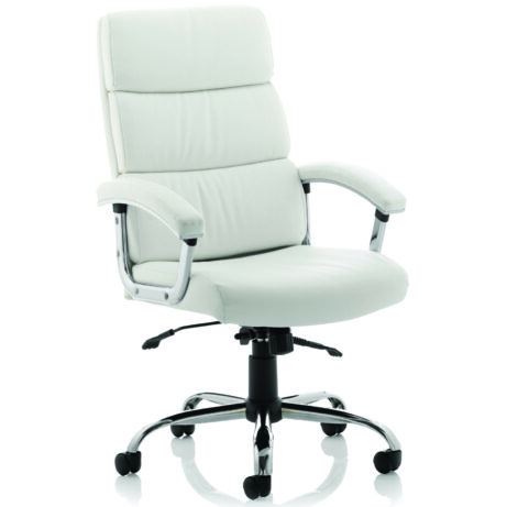 Desire High Back White Leather Executive Office Chair with Arms and chrome base, featuring adjustable height and smooth casters.
