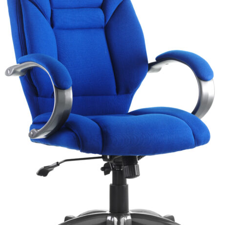 Galloway High Back Executive Office Chair in blue fabric with arms and a silver base.